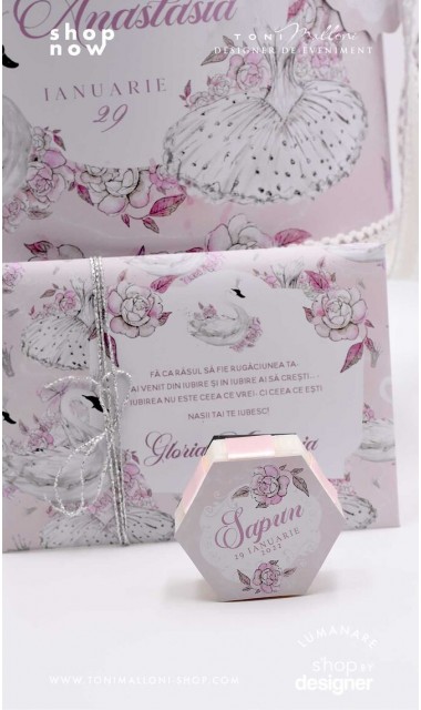 Trusou de botez cu lebede si motive florale personalizat pentru fete, Lebada alba 16